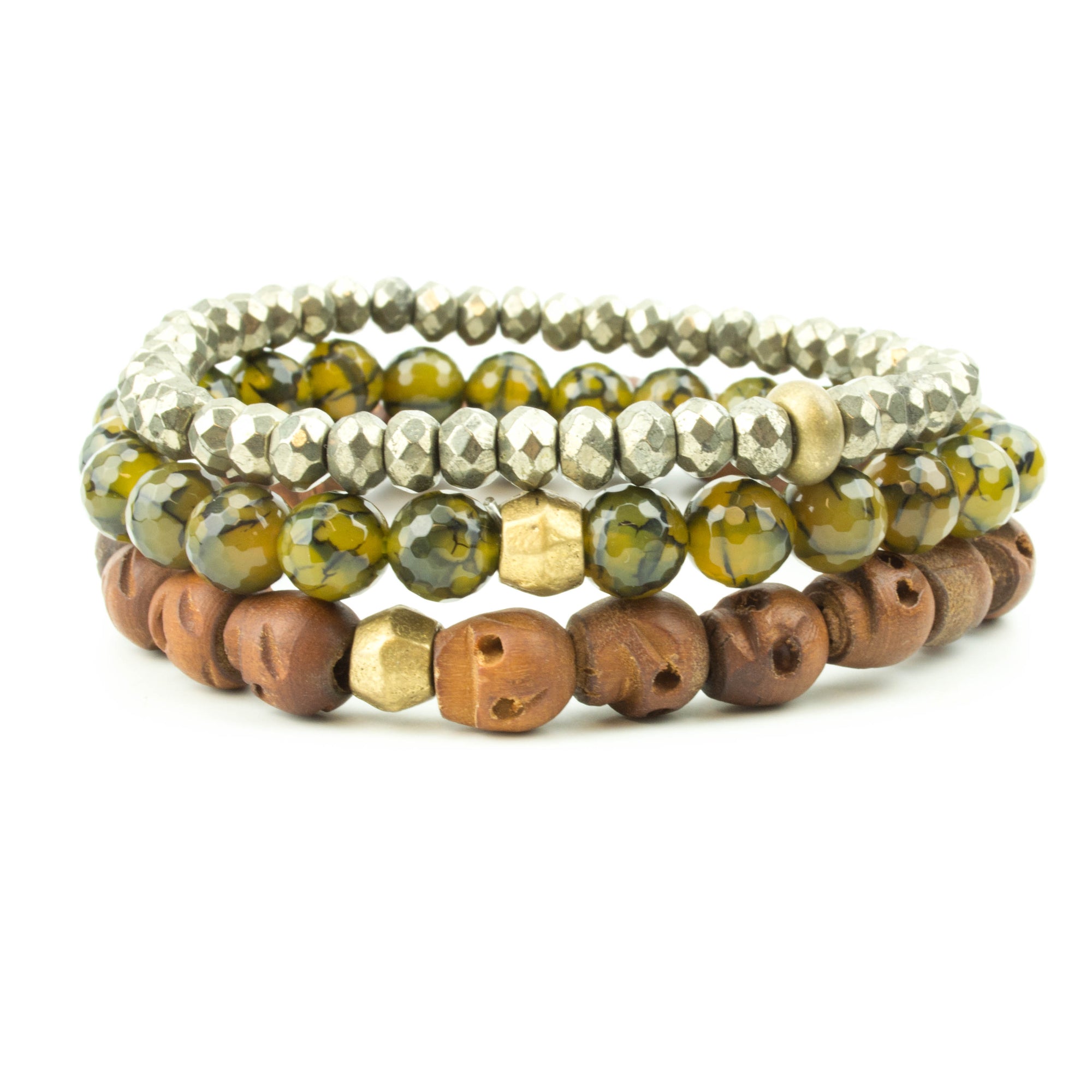 men's stretch beaded bracelet stack with woos skulls, pyrite and dragon's vein agate
