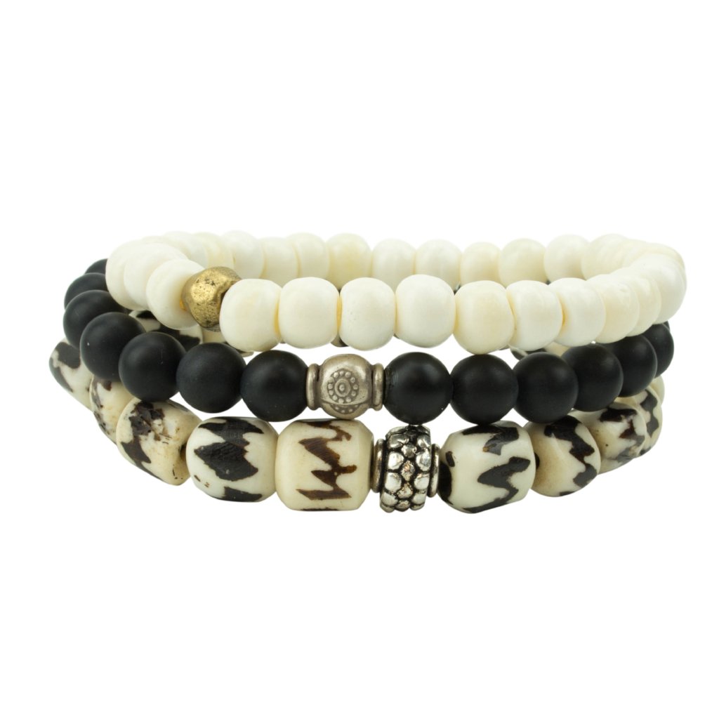 men's stretch beaded bracelet stack with bone and matte black onyx