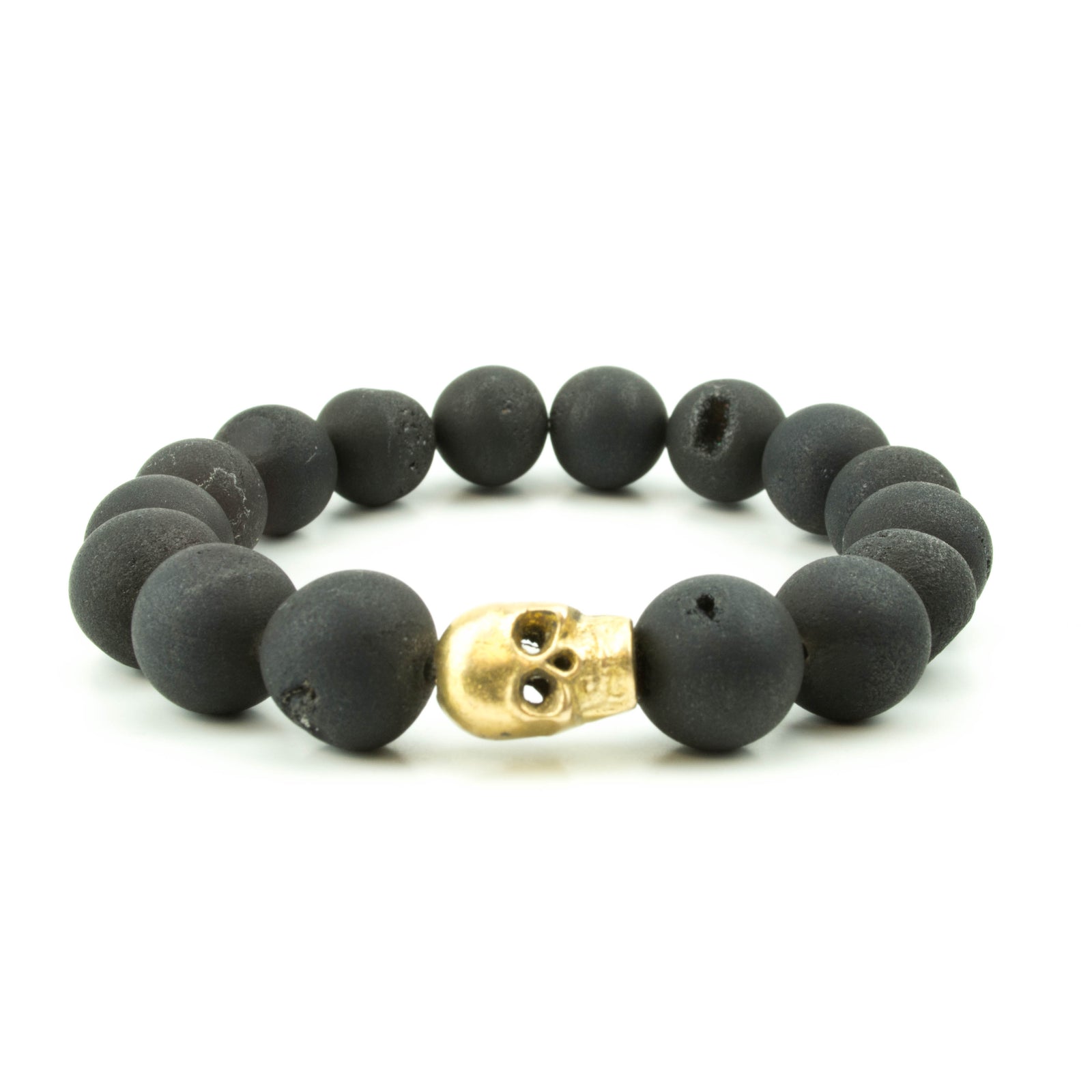 men's stretch beaded bracelet skull and black druzy agate 