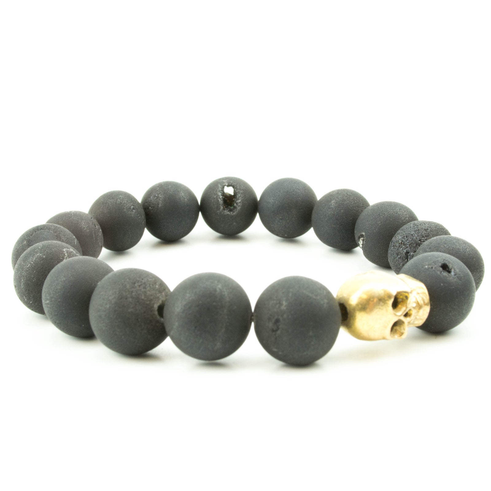 men's stretch beaded bracelet skull and black druzy agate 