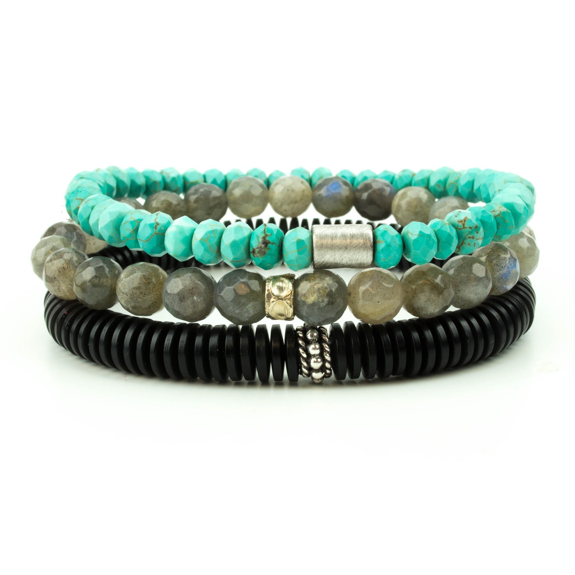men's stretch beaded bracelet stack with turquoise, labradorite and black amber disks