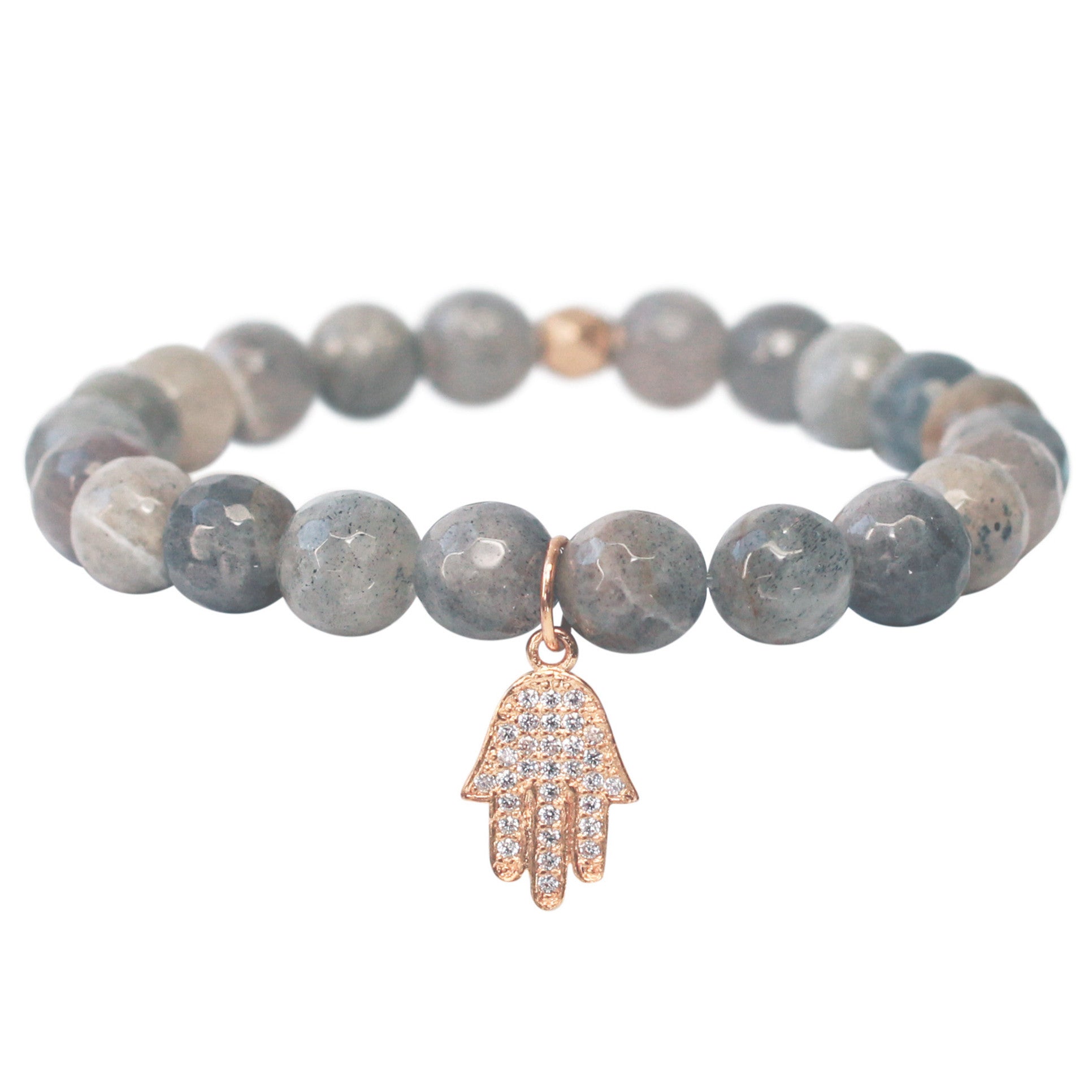 The Hamsa Charm in Pale Grey Bead with Gold