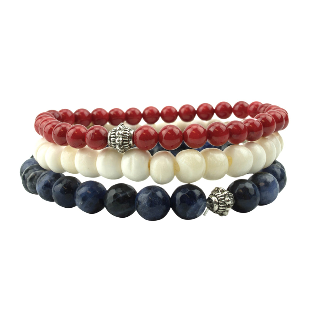 men's stretch beaded bracelet stack with white bone, red coral and black onyx
